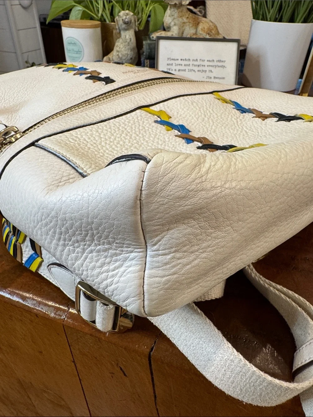 Henri Bendel White Leather Backpack with Multicolor Stitching
